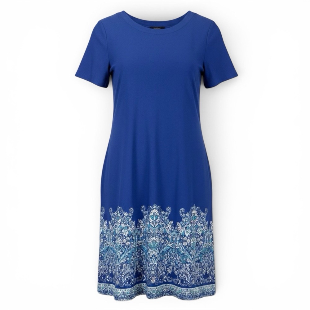 J Jill Wearever Collection Dress M Blue Boho Paisley Border‎ Pockets Stretch Eco